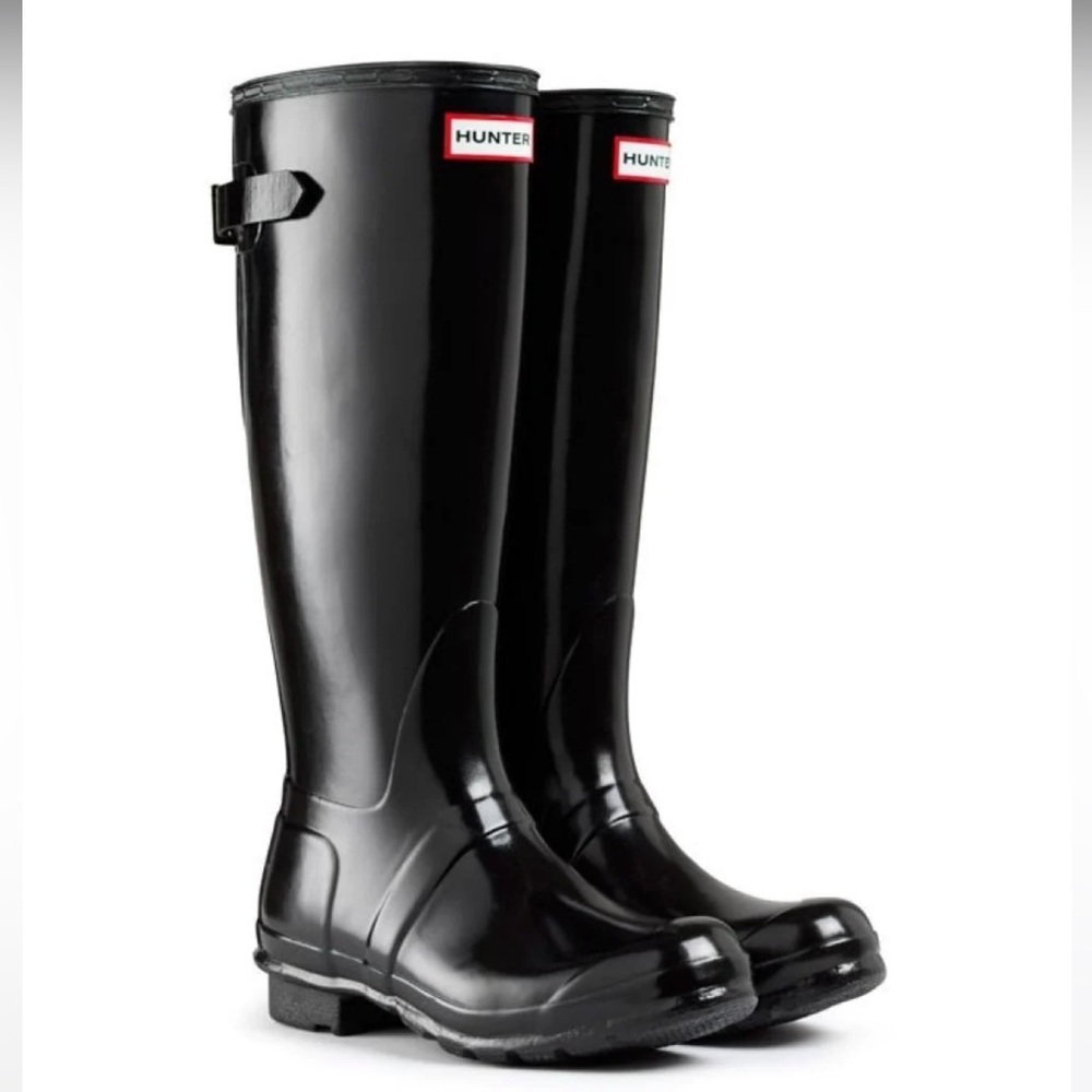 HUNTER WOMEN'S ORIGINAL BACK ADJUSTABLE GLOSS RAIN BOOTS IN BLACK SIZE 7.5